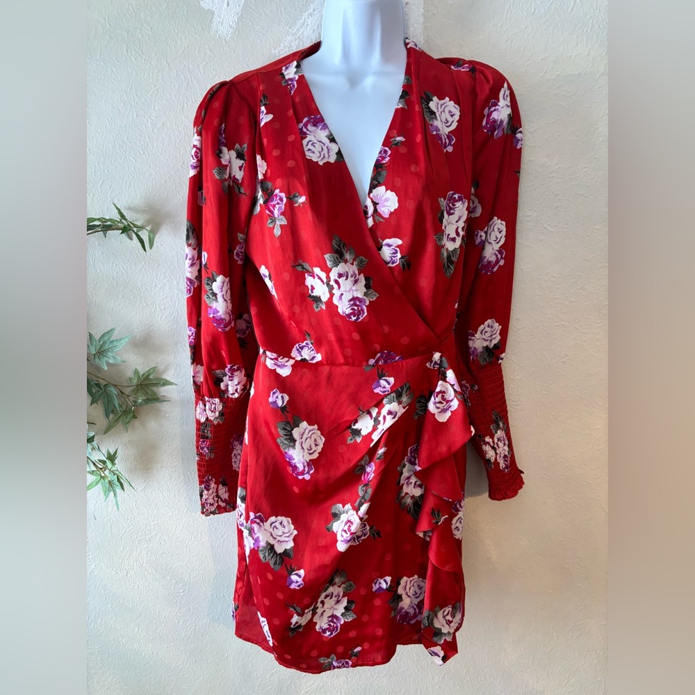 NWT WAYF Red Roses Ruffle Wrap Mini Dress‎ - Picture 2 of 5